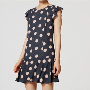 Ann Taylor LOFT Blue Pink Polka Dot Dress Drop Waist Flounce Hem Flutter Sleeve